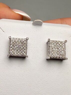 Natural Diamond Pave Square Stud Earrings 0.59ctw 13mm Solid Sterling Silver